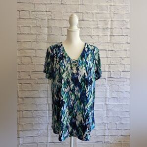 Blue Graphic Short Sleeve Blouse